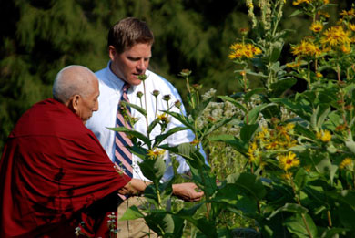 Professor Samdhong Rinpoche tours the gardens of the Himalayan Institute center in Honesdale, PA.