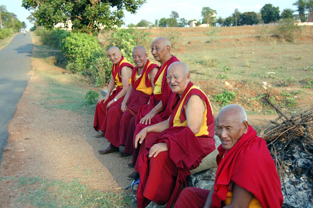 Elderly monks from the local monastery rest at the entrance to the pongamia plantation.